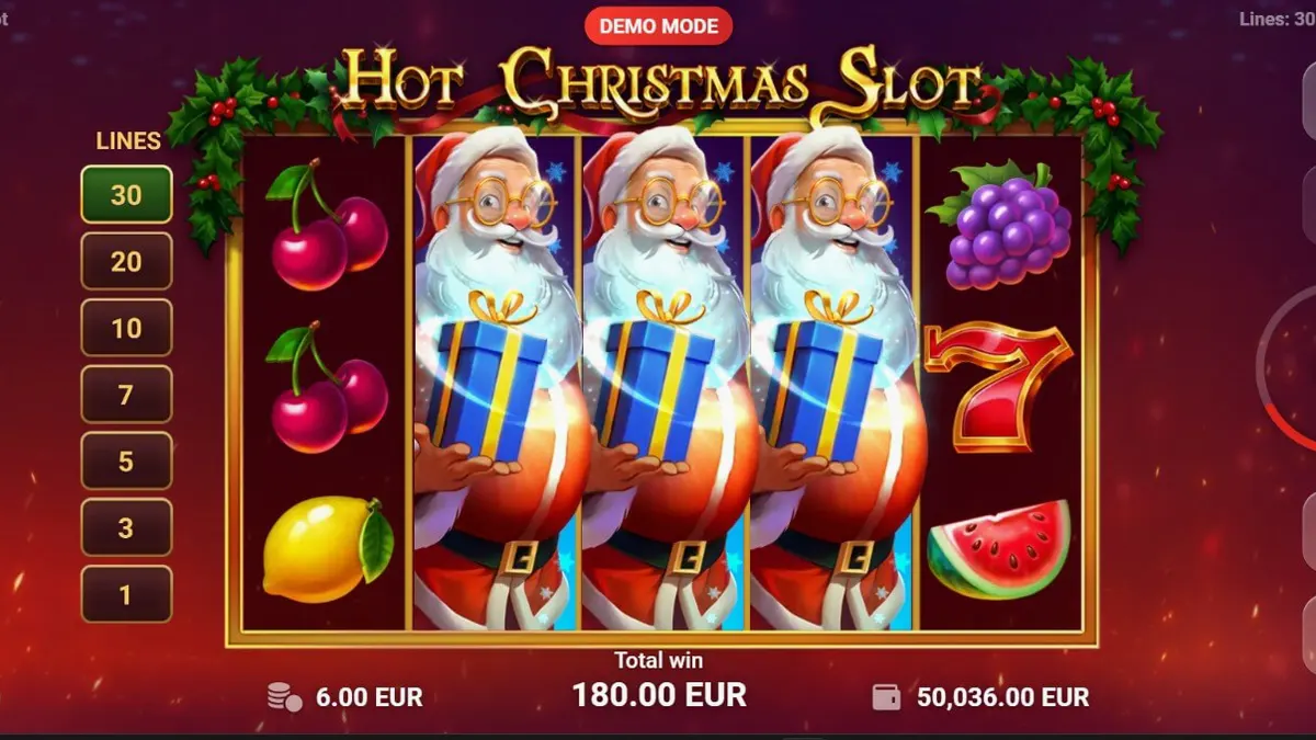 Tampilan visual mesin slot Hot Christmas dengan simbol buah dan tema liburan yang meriah